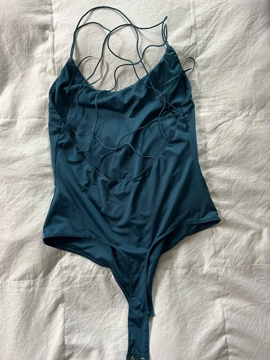 Teal Blue Stringy Back Bodysuit - Picture 2 of 4